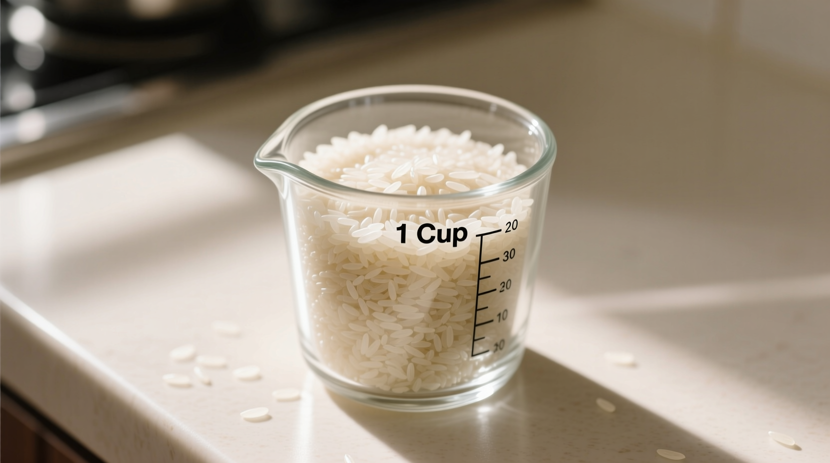 Measuring dry rice in clear glass measuring cup