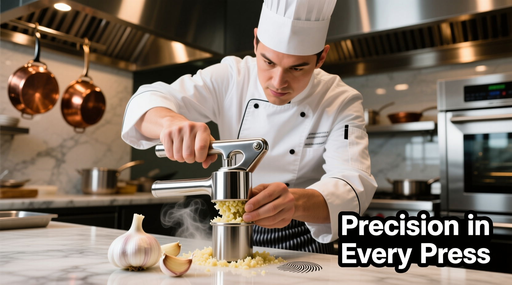 Professional chef using stainless steel garlic press