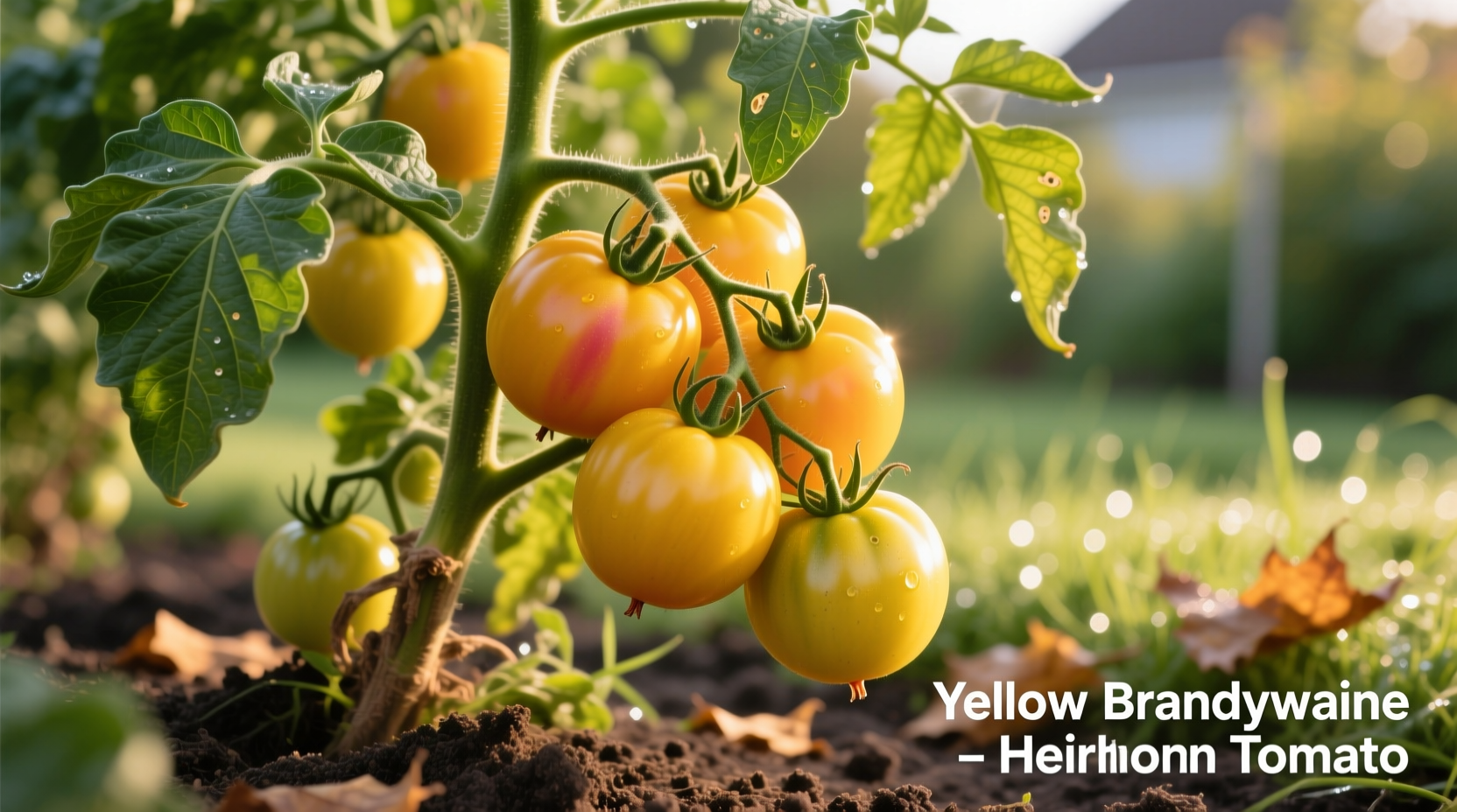 Yellow Brandywine tomato plant with golden fruits