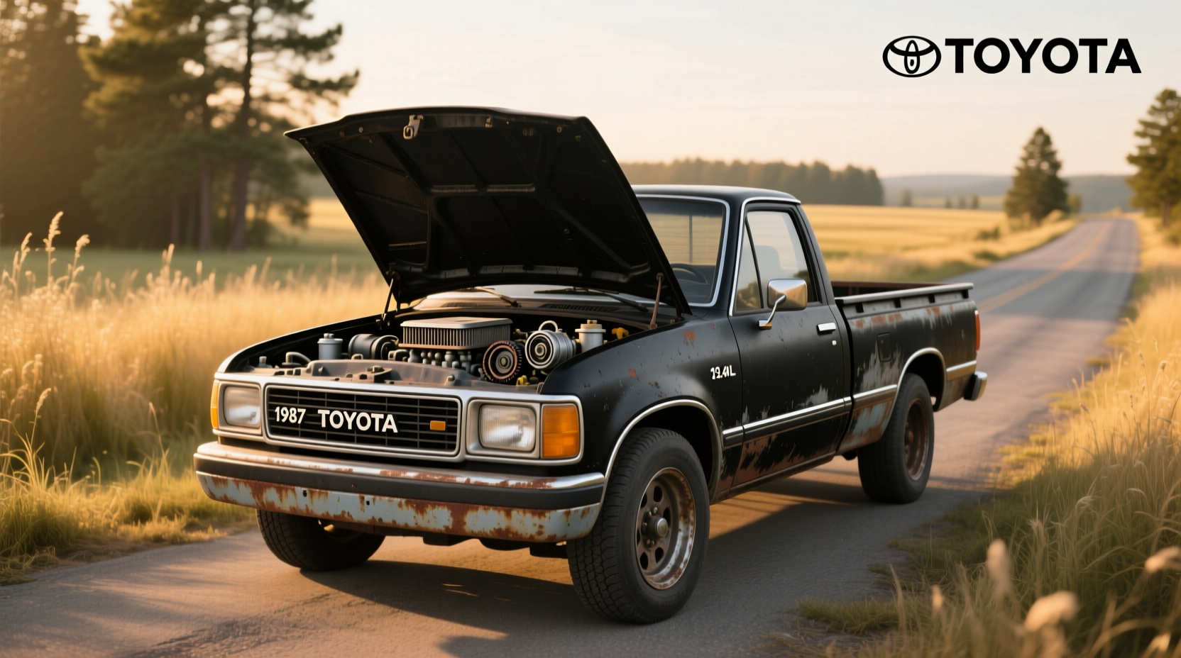 1987 Toyota pickup truck parked next to a barn