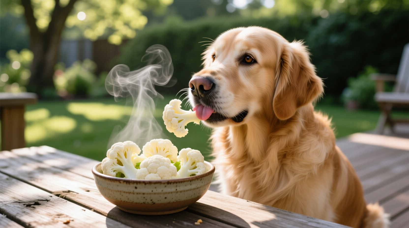 Golden Retriever eating steamed cauliflower florets