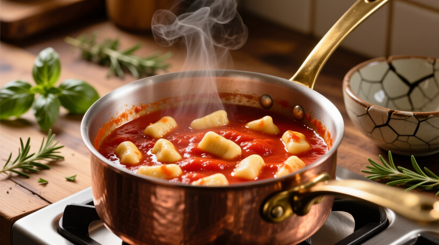 Fresh tomato sauce simmering in copper pot with gnocchi