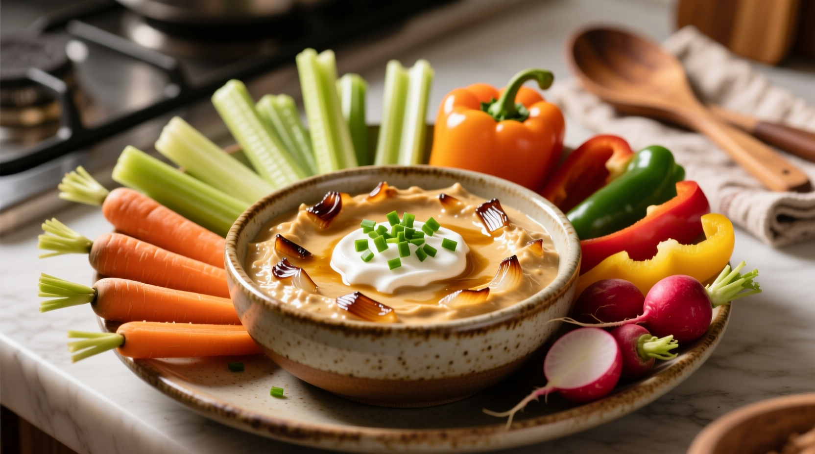 Homemade French onion dip in bowl with vegetable sticks