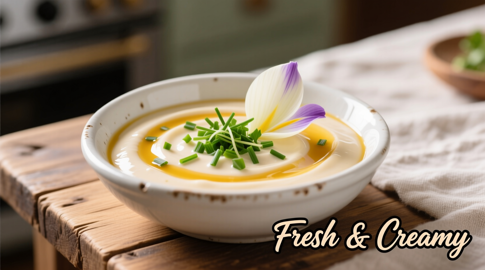 Creamy onion petal dipping sauce in white bowl with fresh herbs