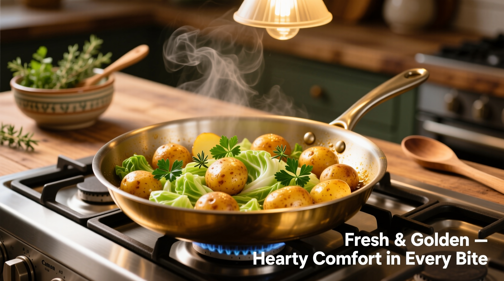 Golden potato cabbage skillet with fresh herbs on stovetop