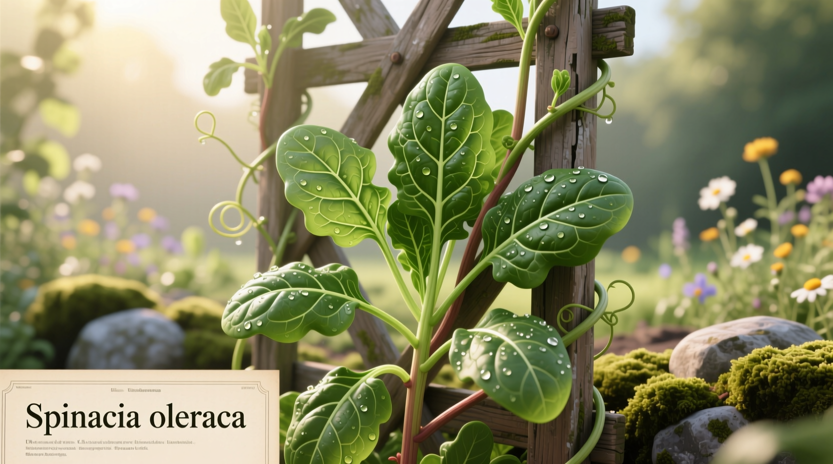 Healthy vine spinach plant climbing trellis with vibrant green leaves