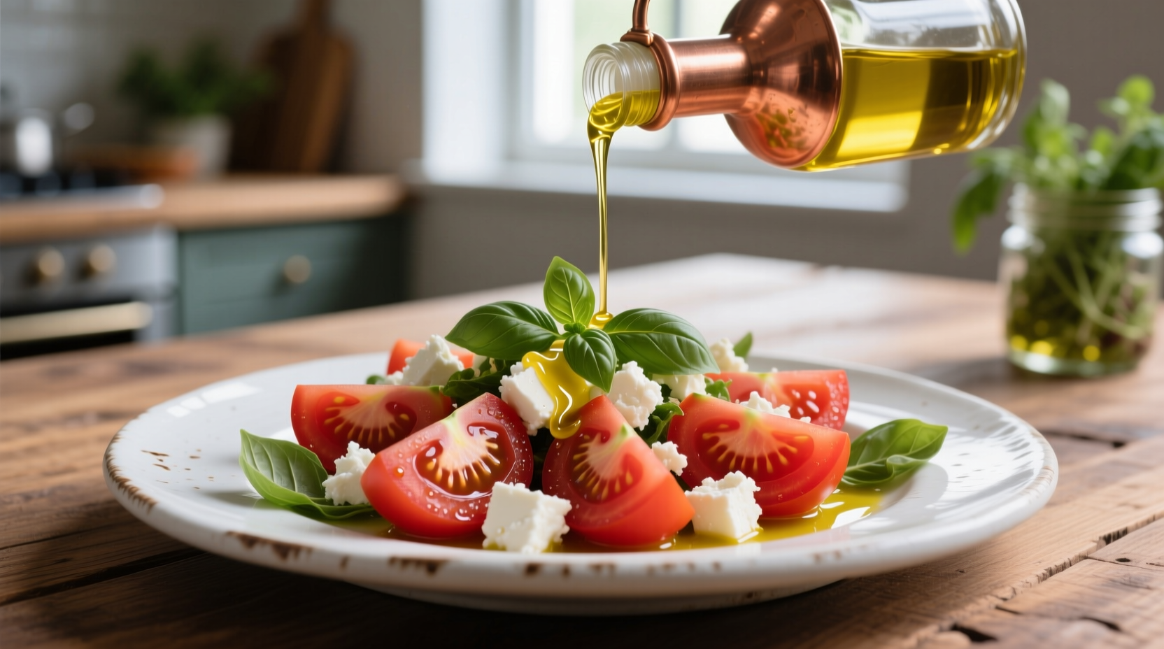 Fresh tomato and feta salad with olive oil