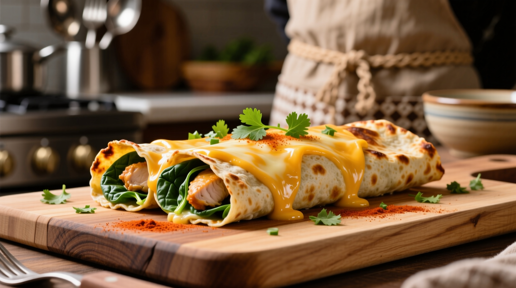 Perfectly baked chicken spinach enchiladas with melted cheese
