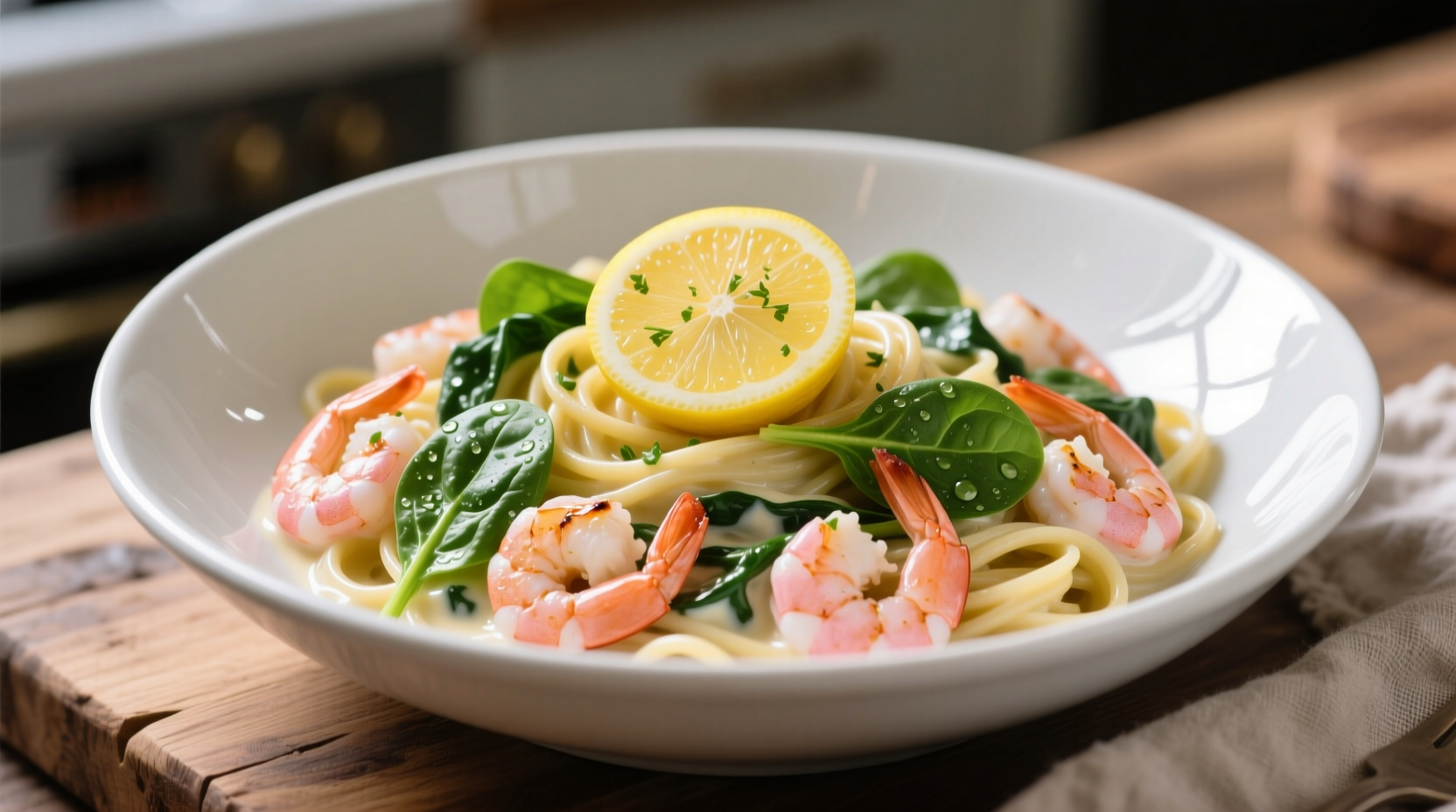 Shrimp and spinach pasta in white bowl with lemon garnish