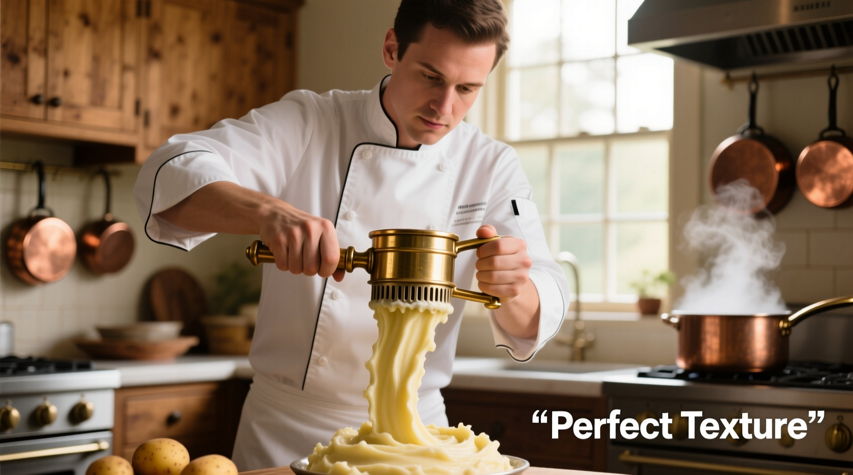 Chef using potato ricer for smooth mashed potatoes