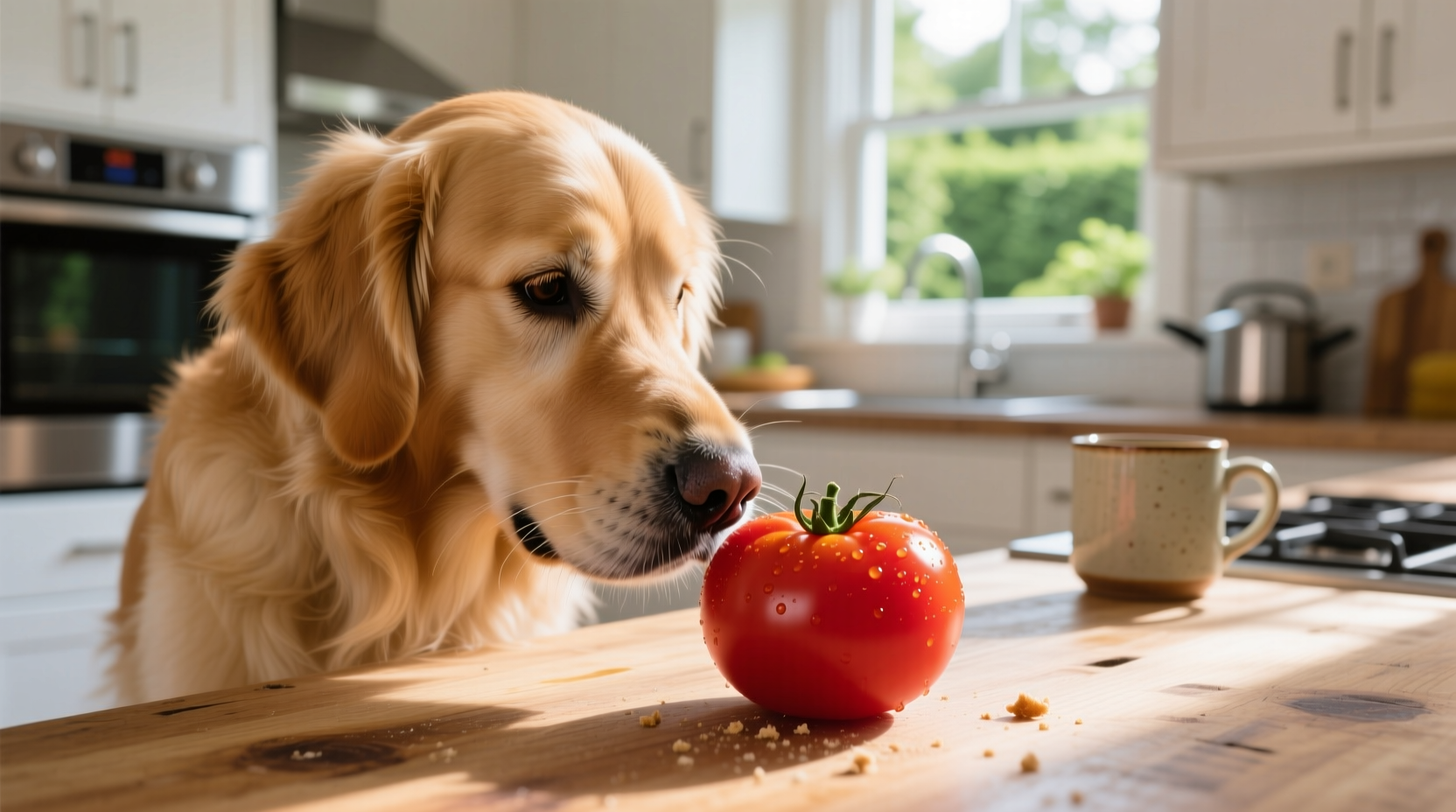 Golden retriever sniffing ripe red tomato on kitchen counter