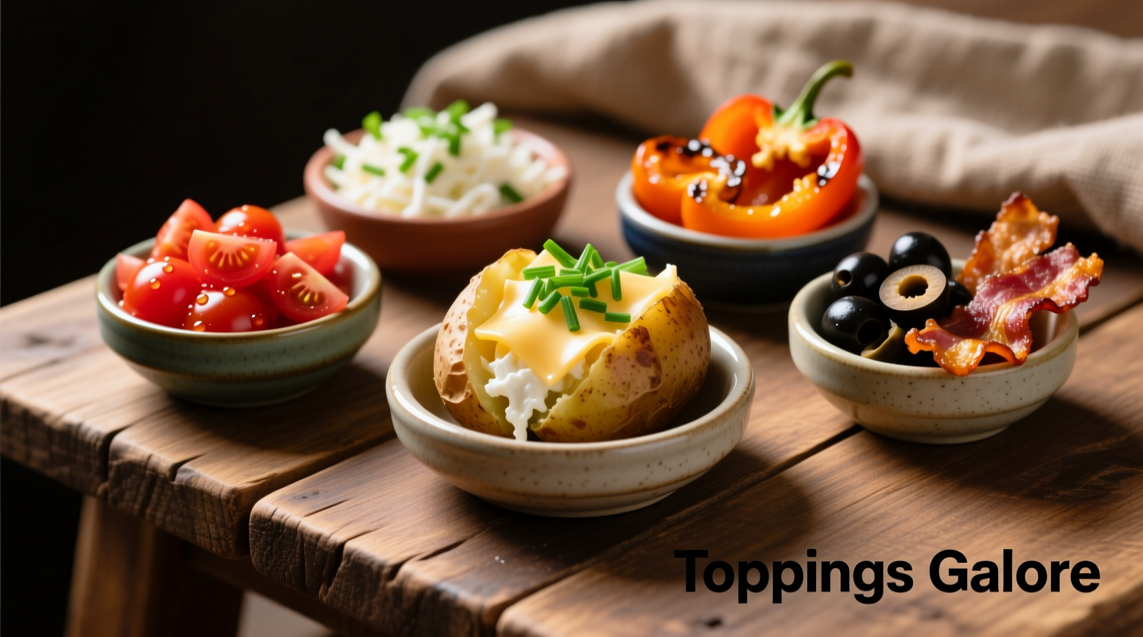 Colorful baked potato toppings arranged in small bowls