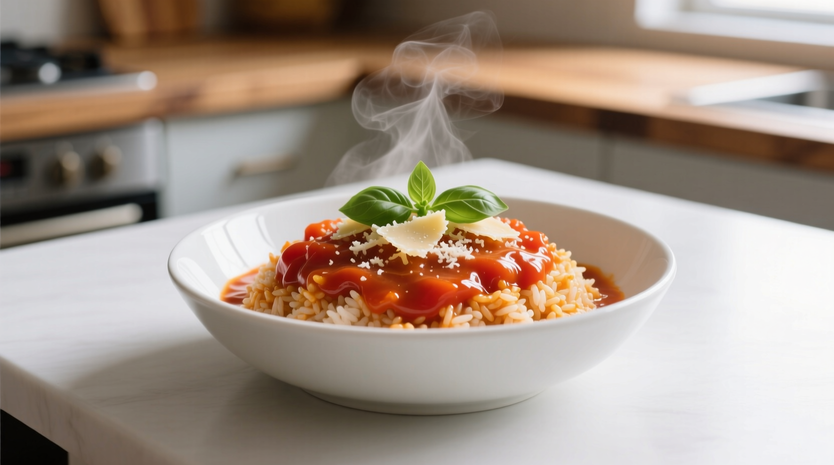 Perfectly cooked tomato rice in white bowl