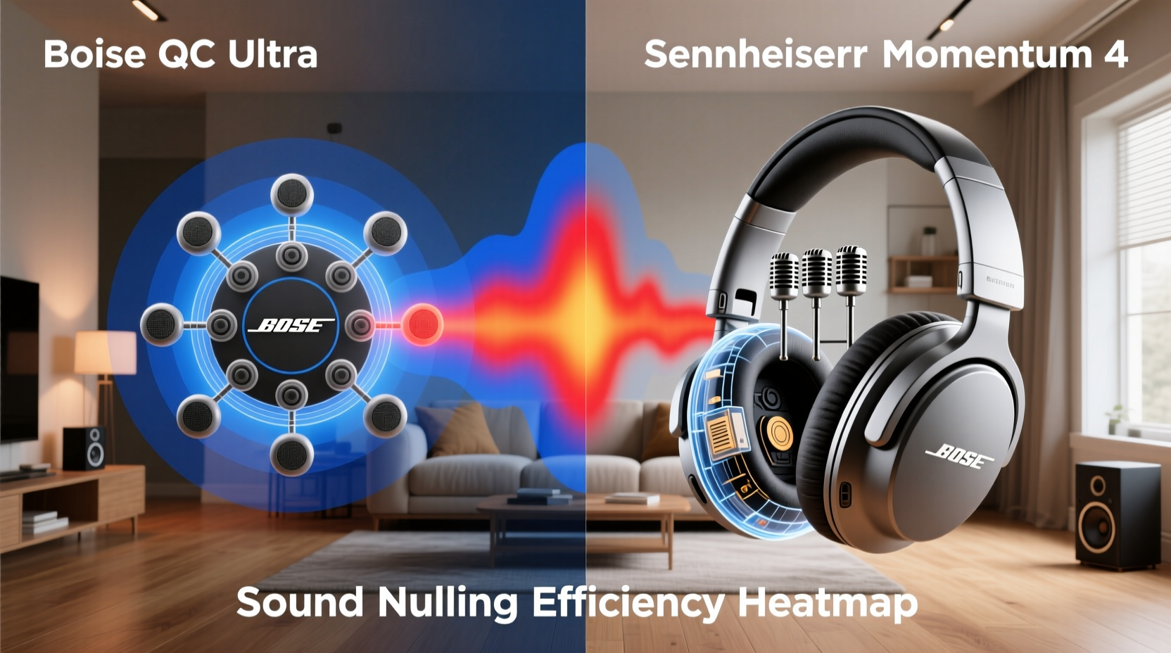 Side-by-side diagram showing Bose QC Ultra's 3D mic ring configuration versus Sennheiser Momentum 4's linear mic layout, overlaid with heatmaps of sound source nulling efficiency in a 12x10 ft shared living room