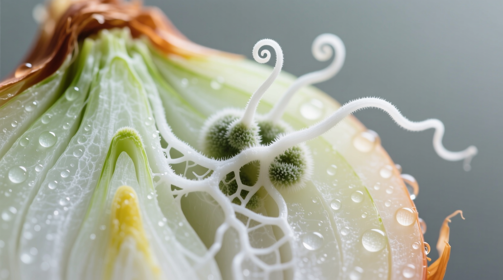Close-up of mold developing on onion layers showing penetration