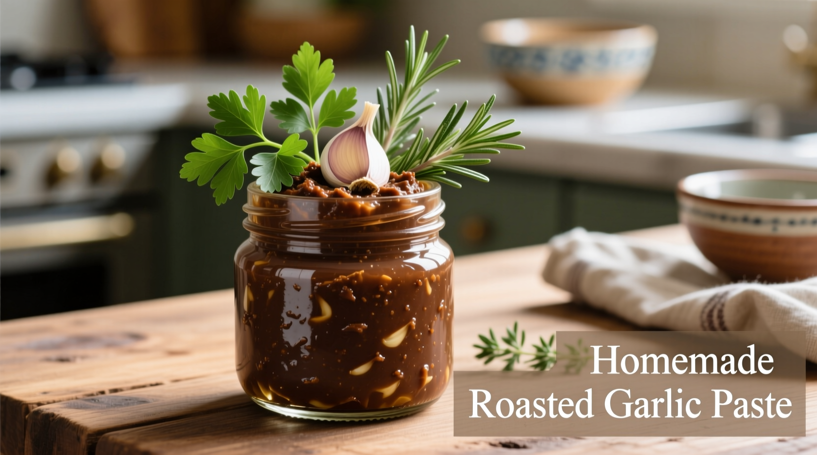 Roasted garlic paste in glass jar with fresh herbs