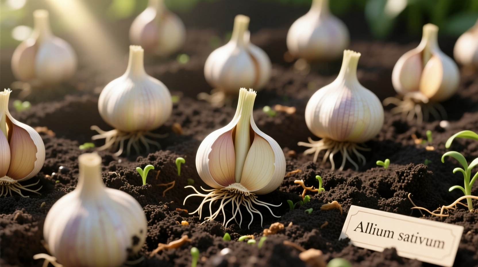 Garlic cloves planted in well-prepared garden soil
