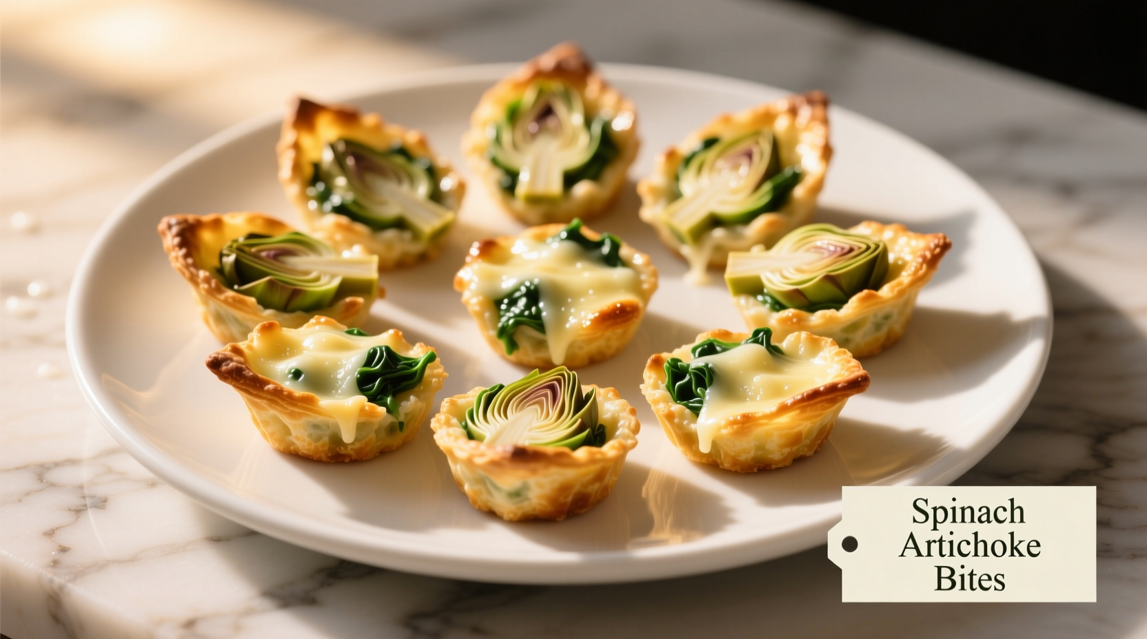 Golden baked spinach artichoke bites on white plate