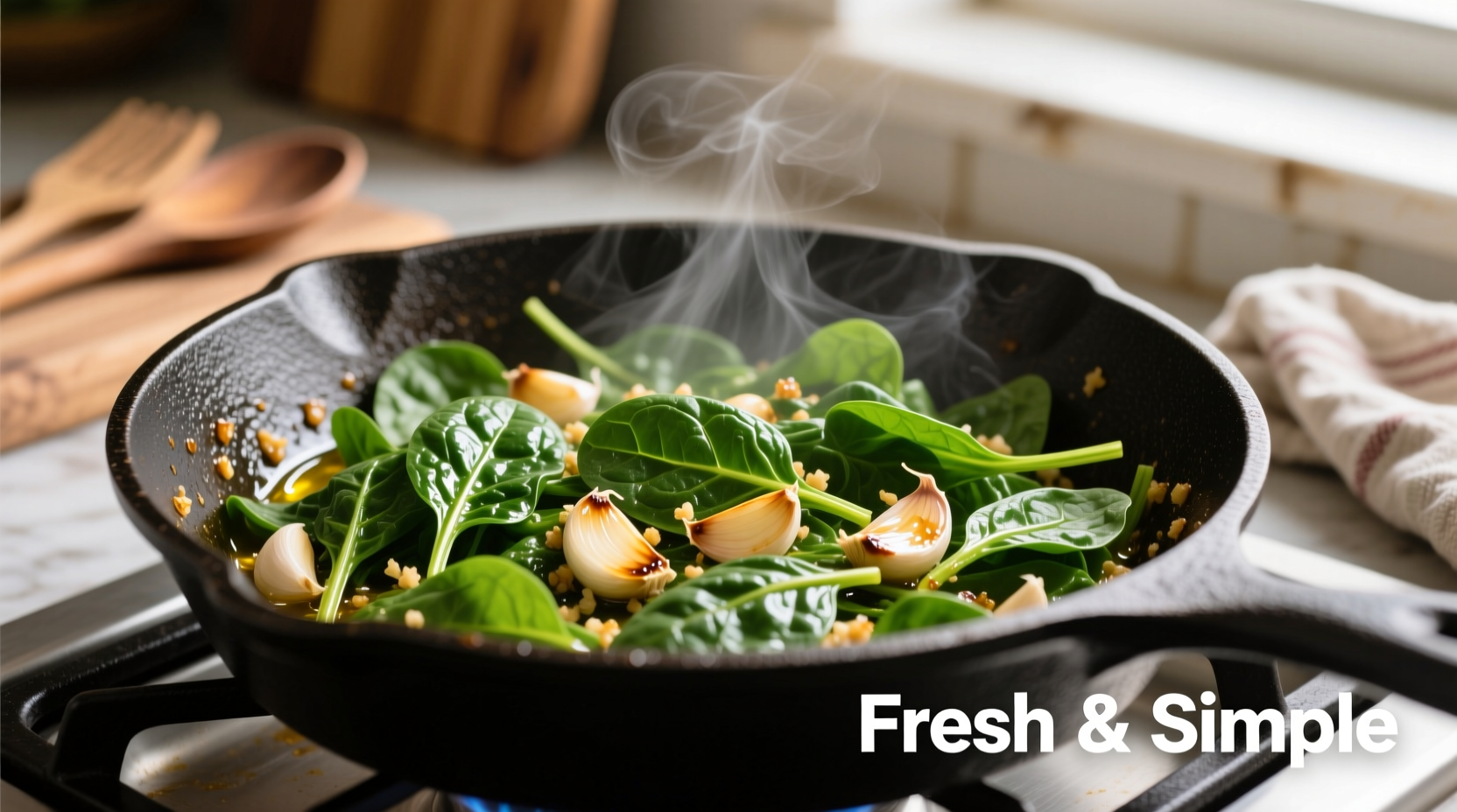 Fresh spinach sautéed with garlic in skillet