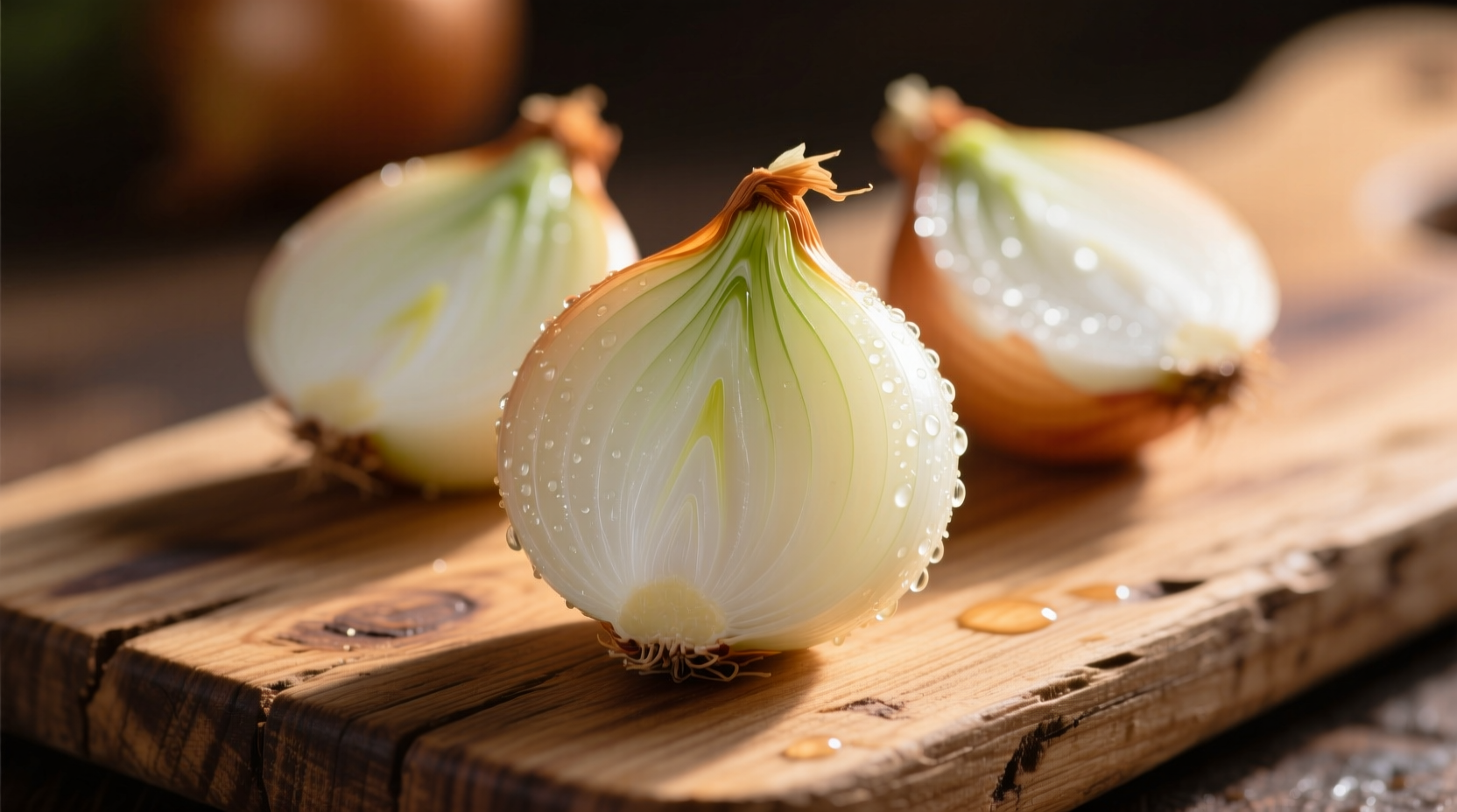 Fresh glass onions with translucent skins on wooden board