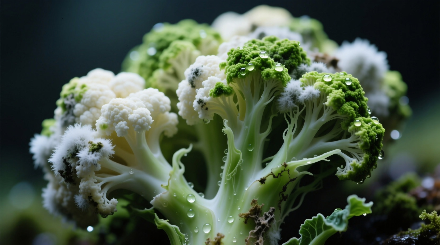 Close-up of moldy cauliflower florets with visible white and green mold