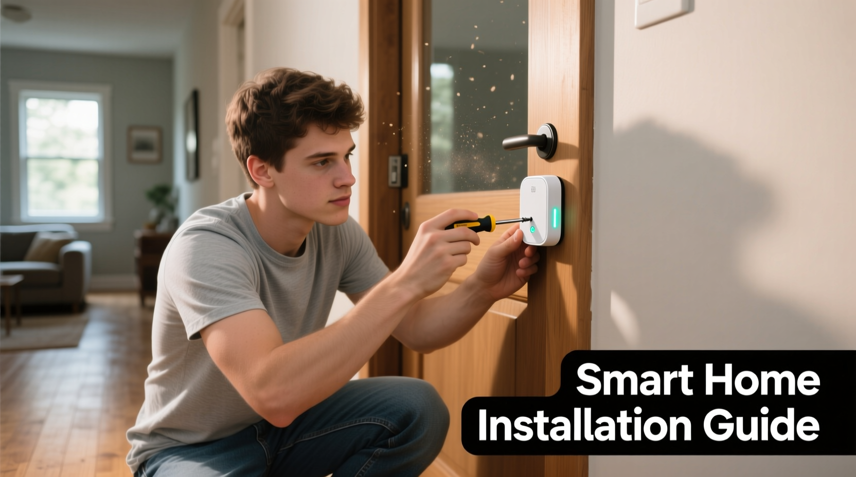 Person installing wireless door sensor on entryway