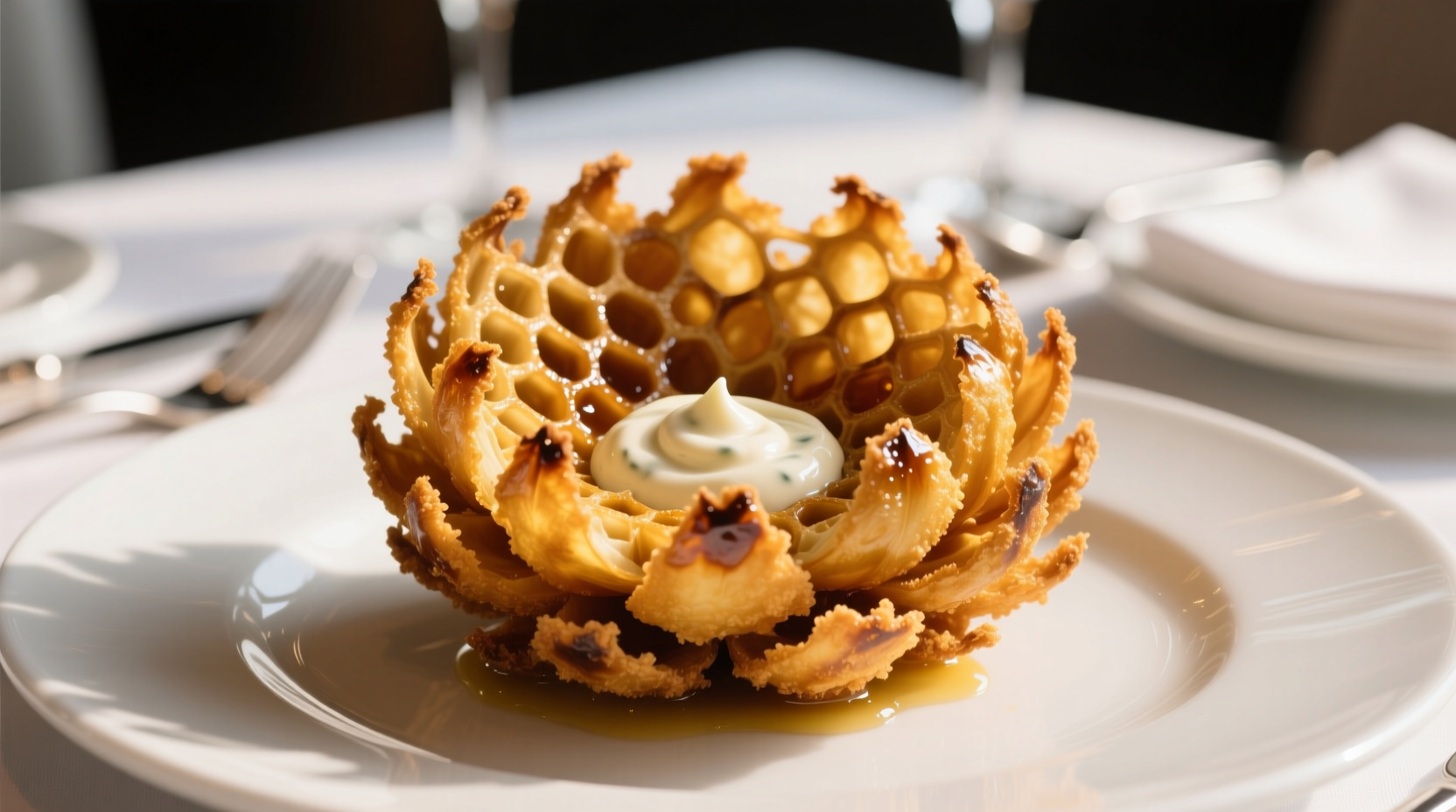 Close-up of a golden-brown Bloomin Onion appetizer on a restaurant plate