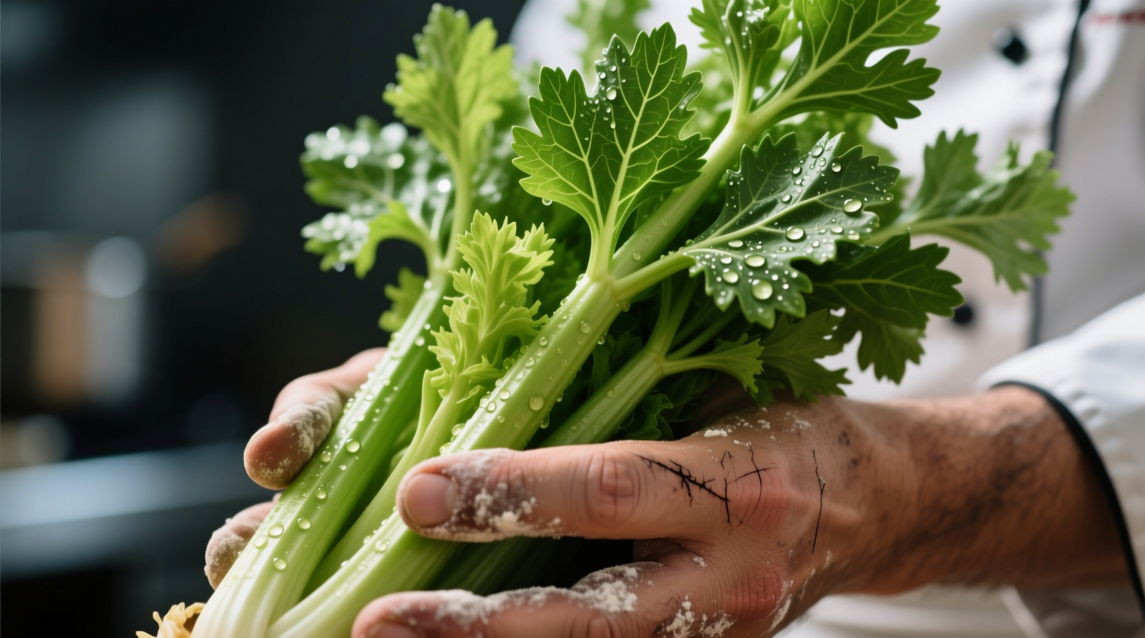 Fresh celery leaves in a chef's hand