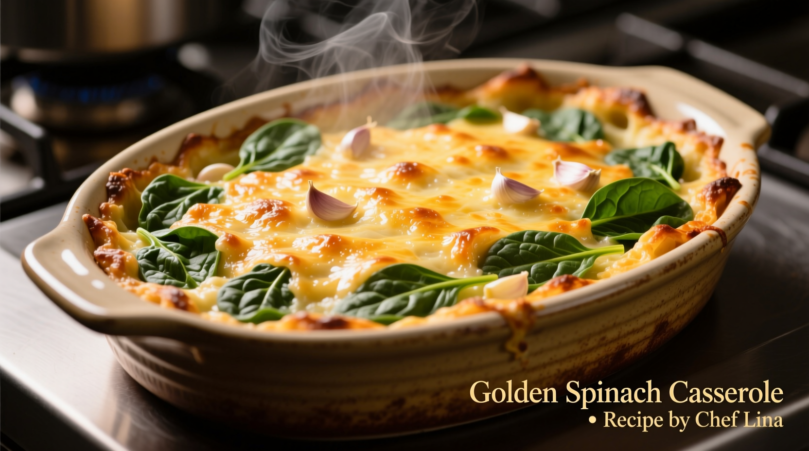 Perfect golden spinach casserole in baking dish with melted cheese