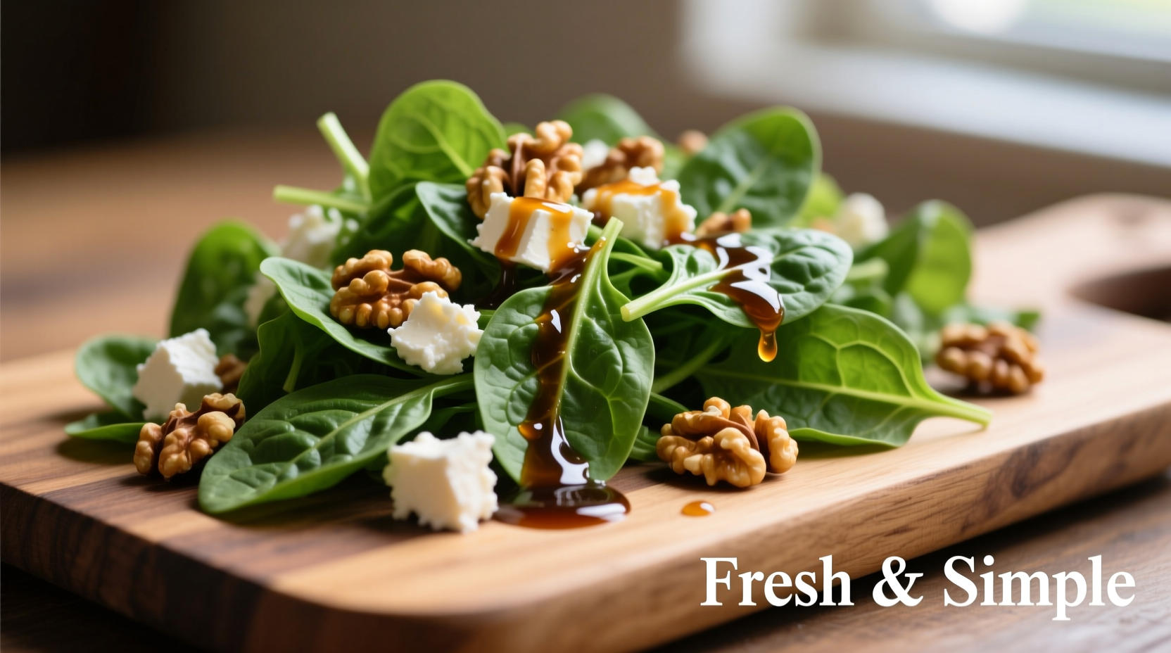 Fresh spinach goat cheese salad with walnuts and vinaigrette