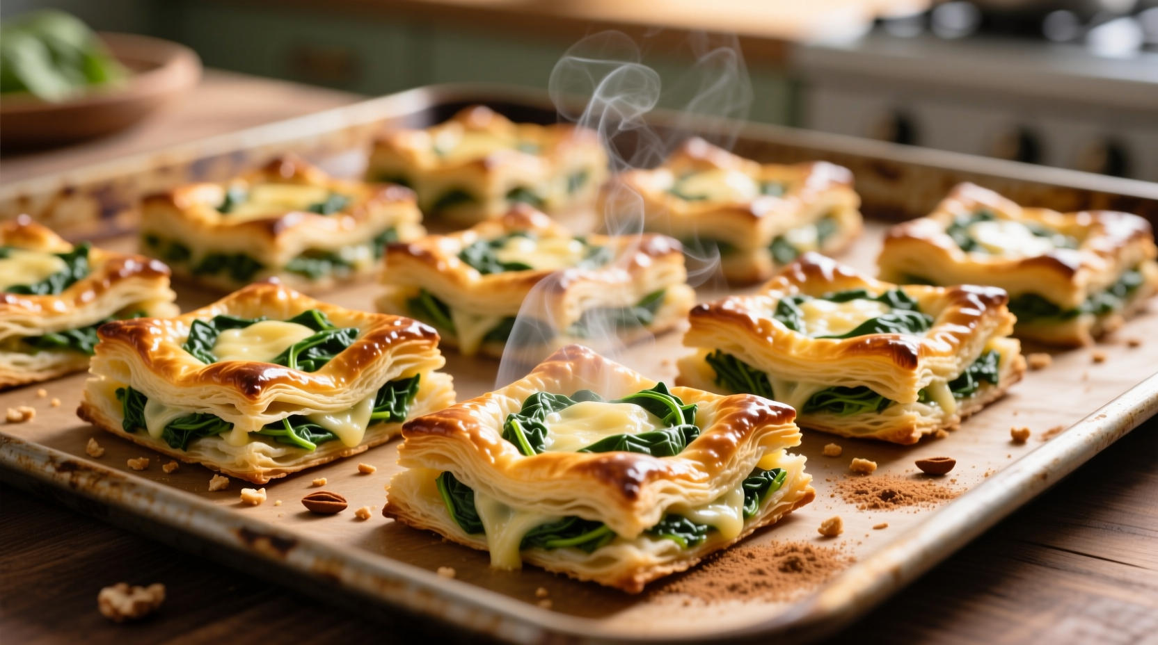 Golden spinach and cheese puff pastry squares on baking sheet