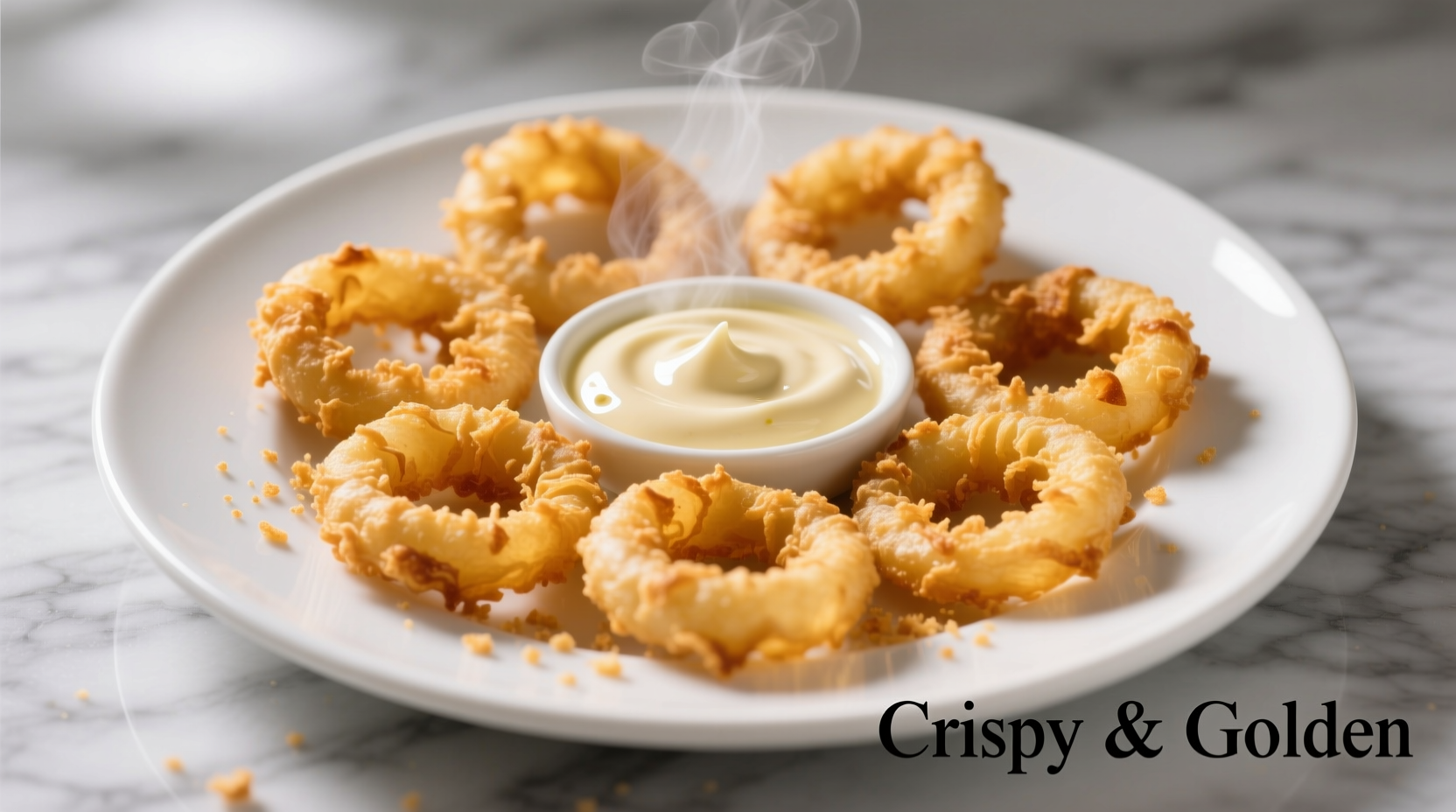 Golden crispy onion rings on white plate with dipping sauce