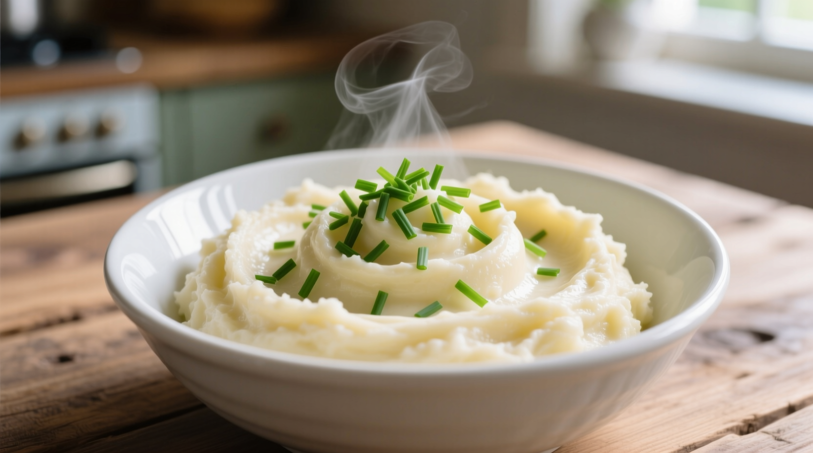 Creamy mashed potatoes in white bowl with fresh chives