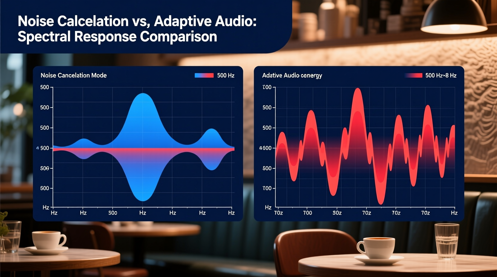 Side-by-side spectrogram visualization showing stable low-frequency attenuation under Noise Cancellation mode versus fluctuating spectral energy across bands during Adaptive Audio operation in a café environment