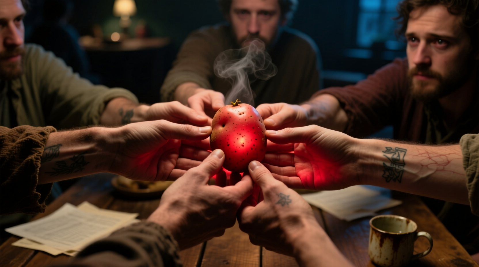 Hands passing a glowing red potato between people