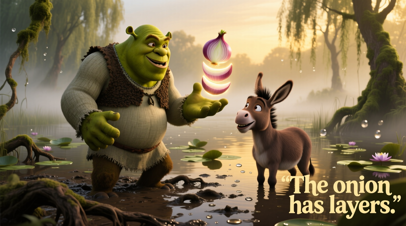 Shrek explaining onion metaphor to Donkey in swamp scene