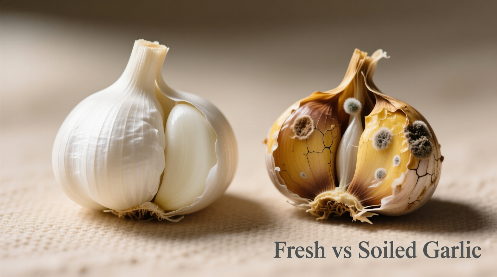Close-up comparison of fresh versus spoiled garlic cloves