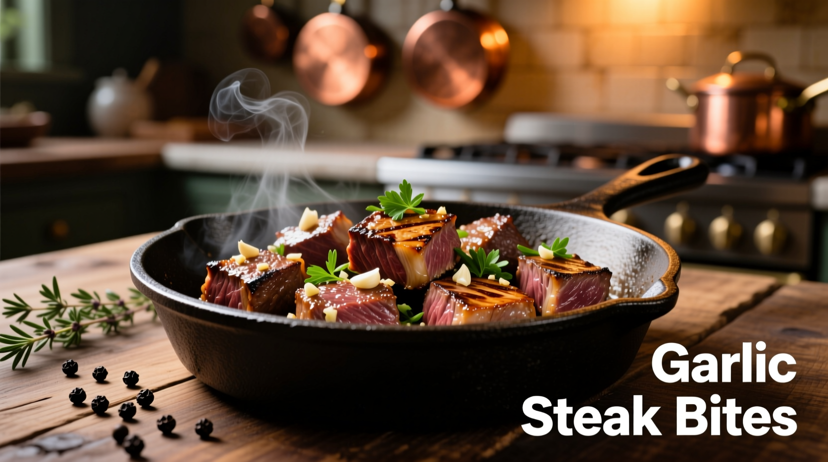 Sizzling garlic steak bites in cast iron skillet