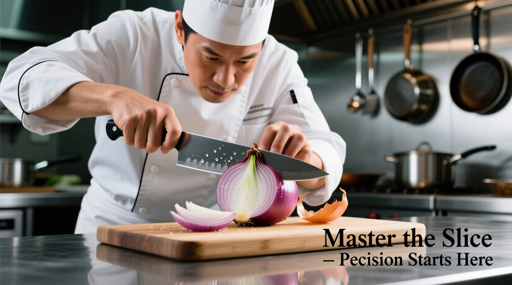 Professional chef demonstrating proper onion cutting technique with chef's knife