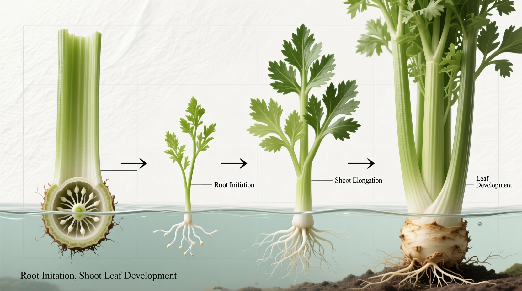 Celery regrowth stages from base in water to mature plant