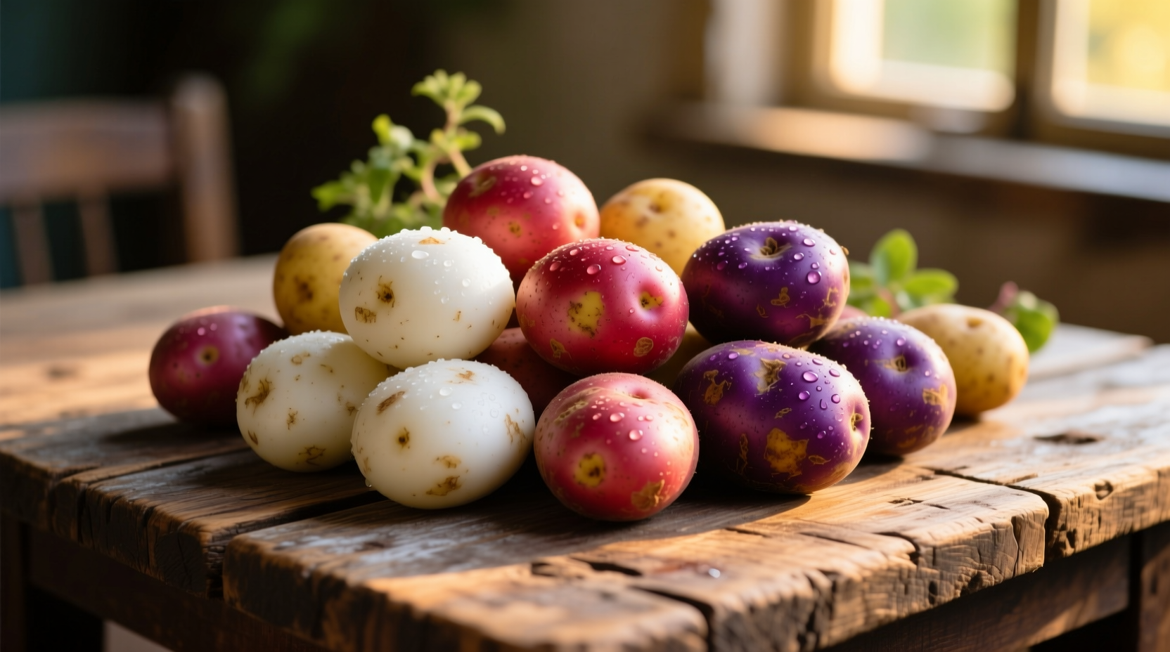 Colorful assortment of white, red, and purple potatoes on wooden table