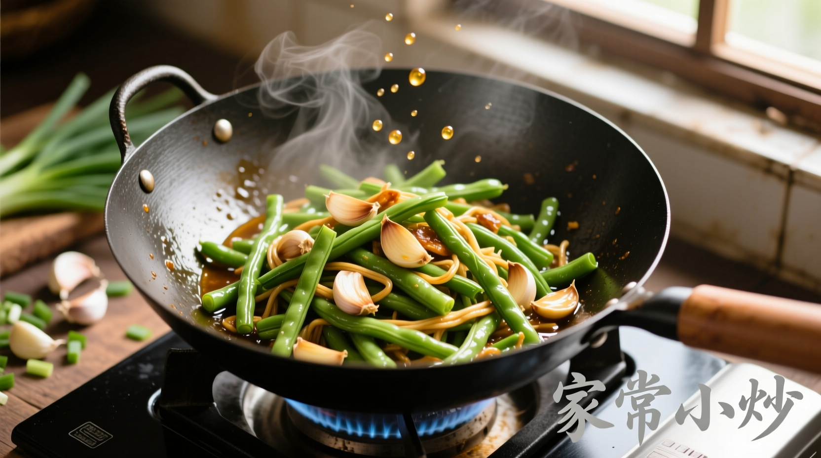 Crisp Chinese garlic string beans in wok