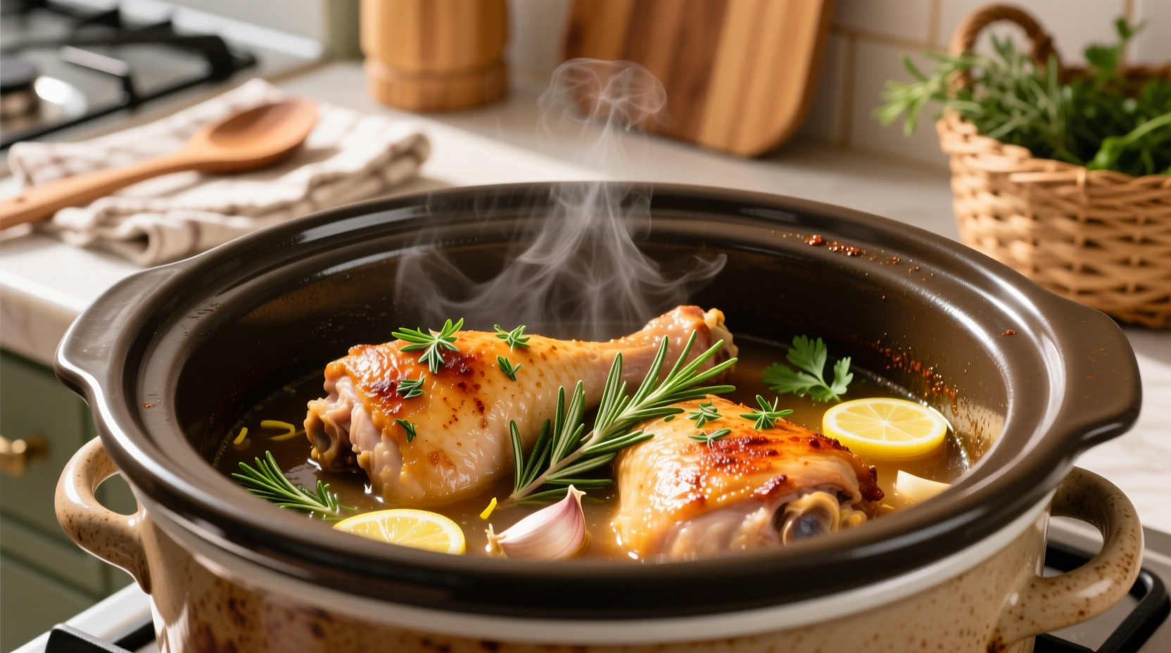 Perfectly cooked slow cooker chicken thighs with herbs