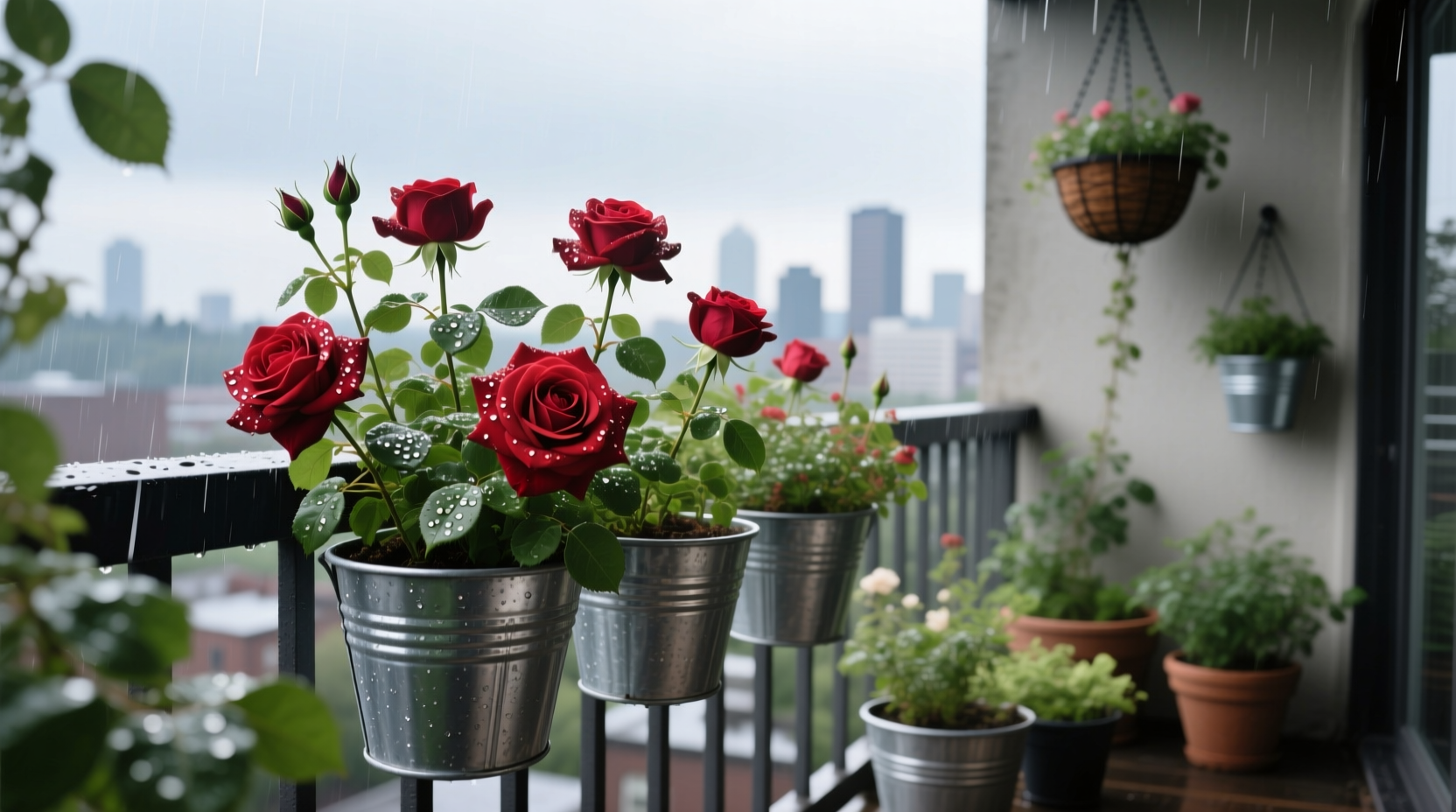 Portland balcony with container roses in galvanized pots and hanging baskets