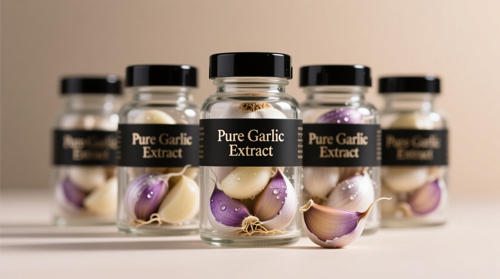 Garlic supplement bottles with fresh garlic cloves