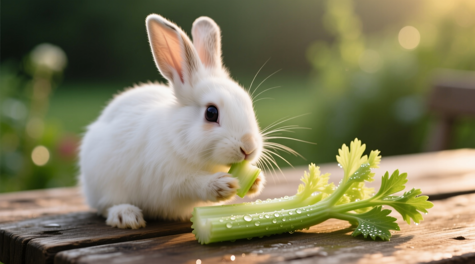 Rabbit carefully eating small piece of chopped celery