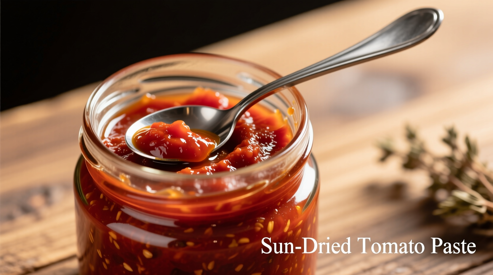 Sun-dried tomato paste in glass jar with spoon