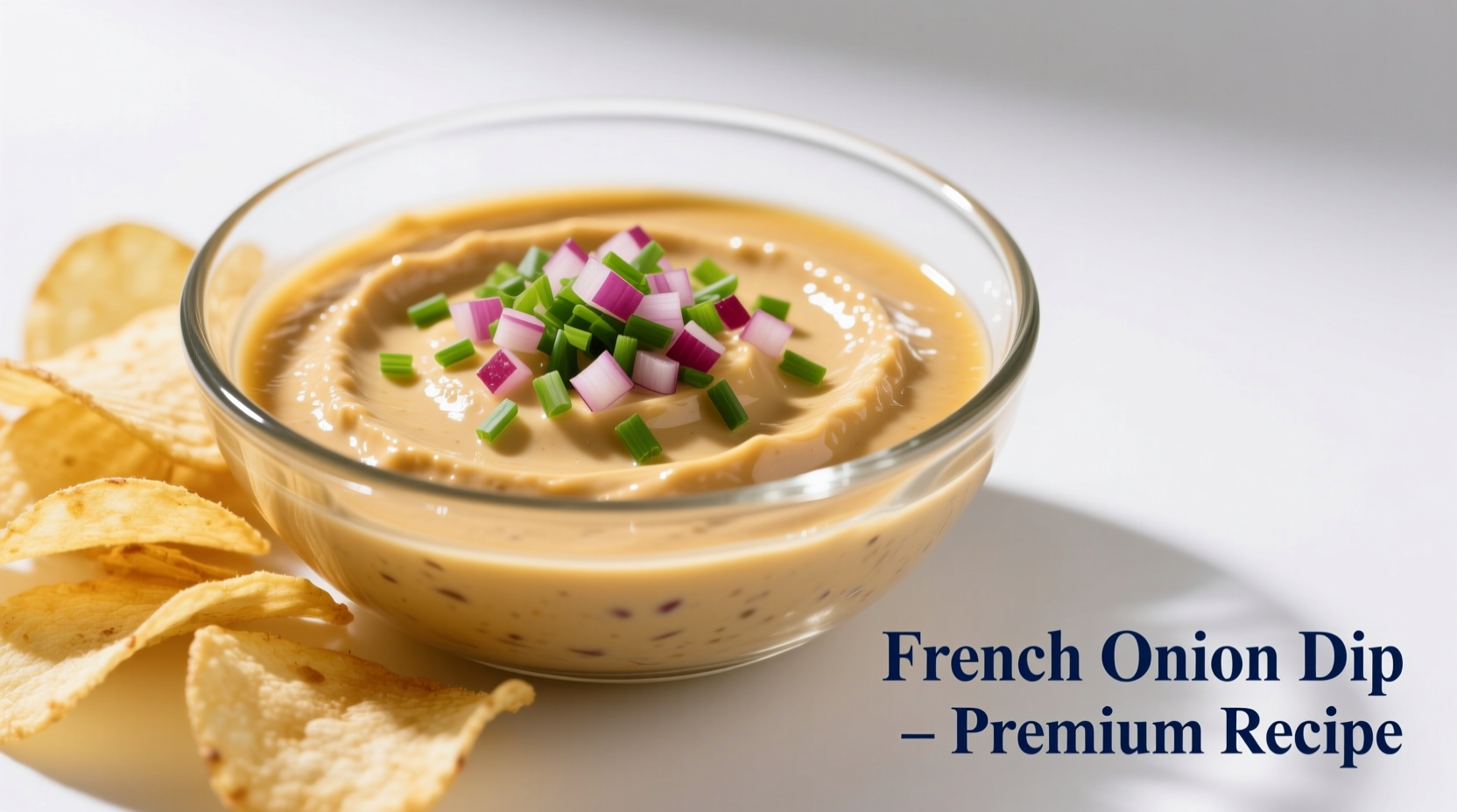 Professional presentation of French onion dip with fresh garnish