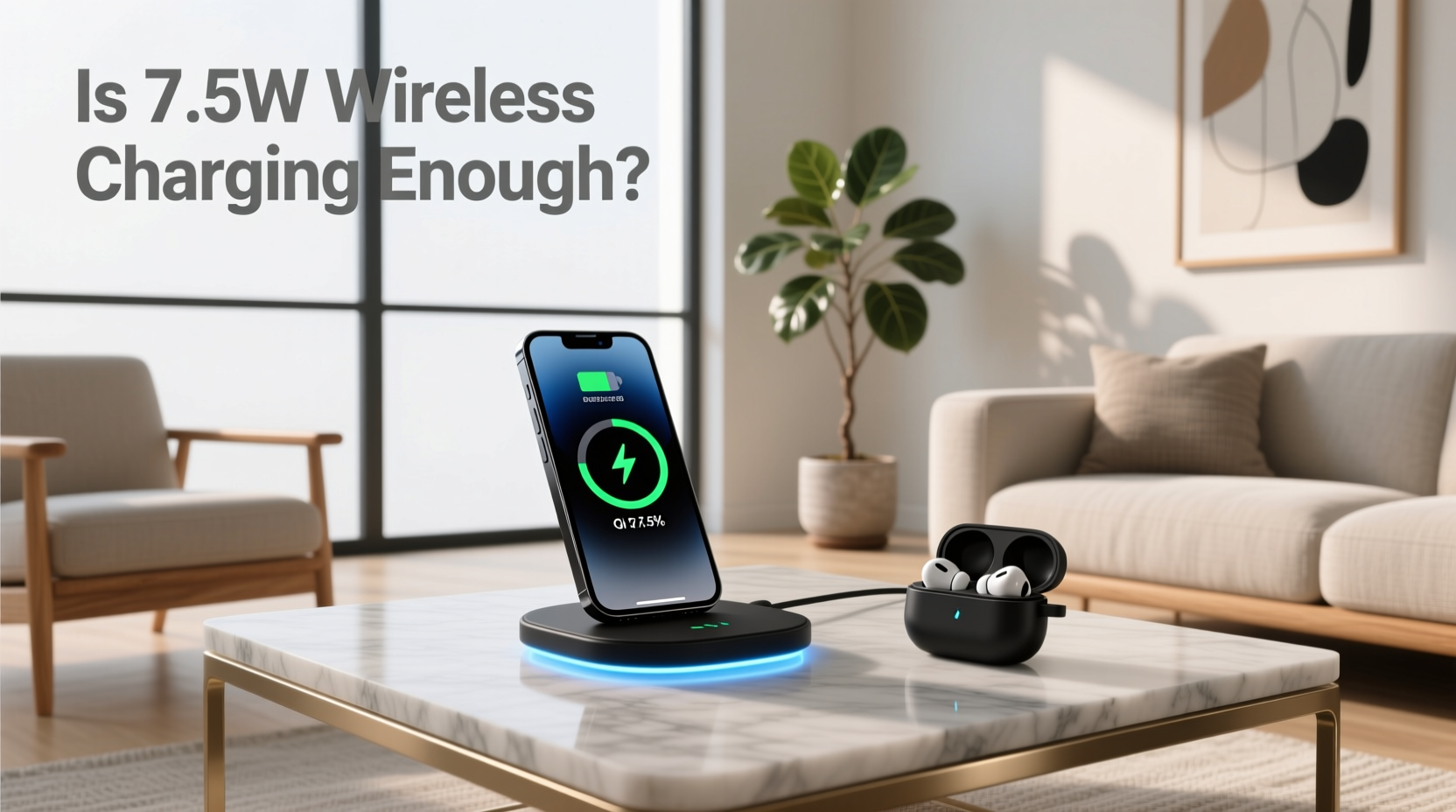 Close-up of smartphone on wireless charging pad showing LED indicator light