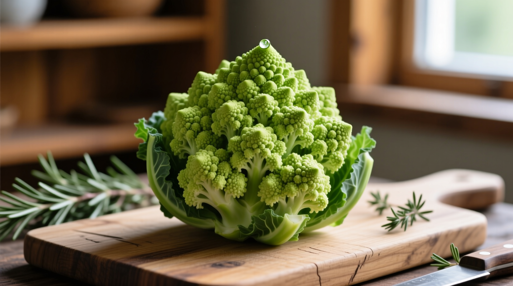 Fresh romanesco cauliflower on wooden cutting board
